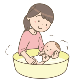 お母さんが赤ちゃんを沐浴しているイラスト