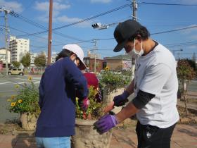 花の苗を植えかえる子どもたち