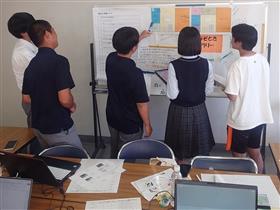 ホワイトボードの前で話し合う様子